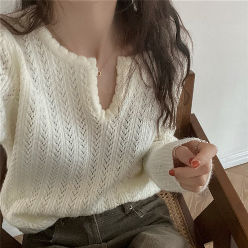 ニットスタンダードスプリングVネックトップス ロング レトロ 春物 ブラックストロベリース19958537704