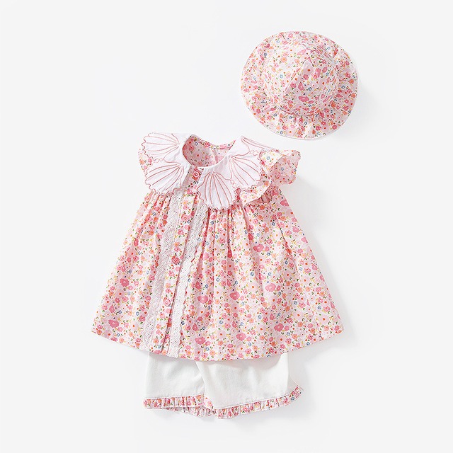 【即納】小花と貝殻襟のチュニックセットアップ(帽子付き)