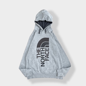 【THE NORTH FACE】ビッグロゴ 縦ロゴ プリント パーカー プルオーバー スウェット フーディー hoodie アウトドア M グレー ノースフェイス us古着