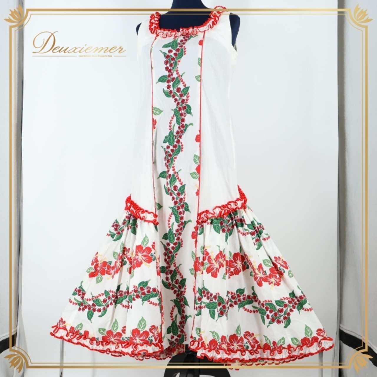 フラダンス 衣装 ワンピース ドレス ホワイト系 フラ ダンス ハイビスカス柄 花柄 白 赤 緑 フリル ハワイアン かわいい 爽やか 華やか ノースリーブ 袖なし アロハ ハワイアンプリント レッド系 グリーン系