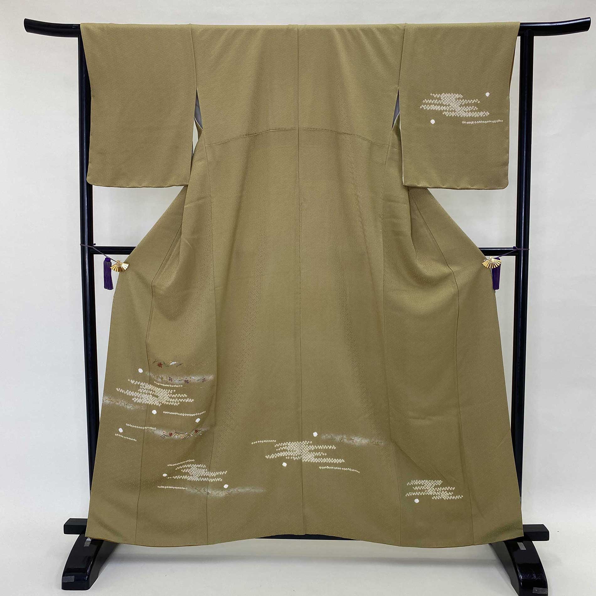 付け下げ 訪問着 中古 古典柄 花柄 緑 抹茶 絞り 紅葉 いちょう 裄65cm 
