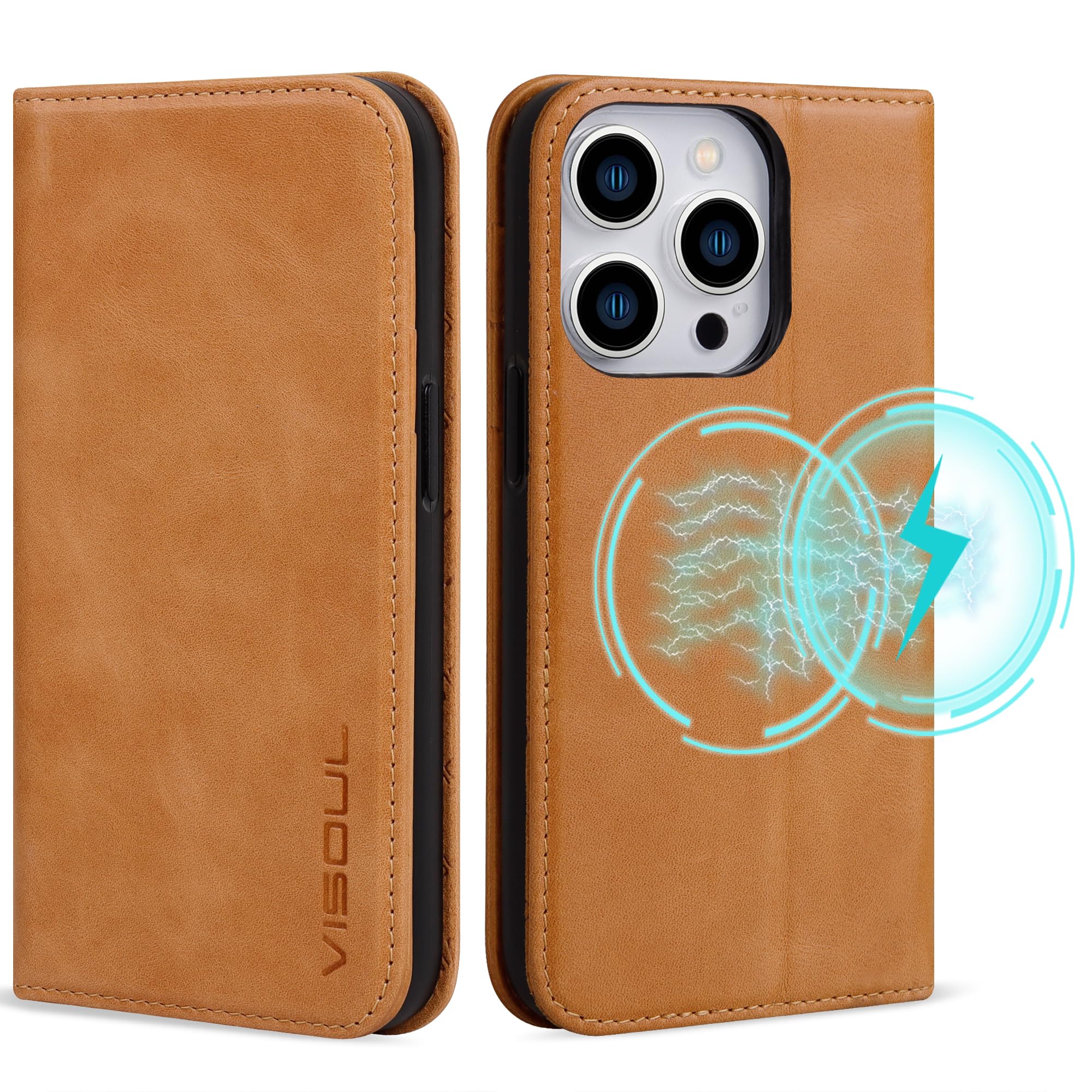 VISOUL iPhone15Pro Max ケース 手帳型 本革 MagSafe対応 スマホケース アイフォン15プロマックス 手帳型ケース レザーケース カード収納 携帯ケース 全面保護 柔軟なTPU素材 マグネット式 スタンド機能付き 6.7インチ対応 アイホン15Pro Max カーキ