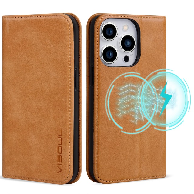 VISOUL iPhone15Pro Max ケース 手帳型 本革 MagSafe対応 スマホケース アイフォン15プロマックス 手帳型ケース レザーケース カード収納 携帯ケース 全面保護 柔軟なTPU素材 マグネット式 スタンド機能付き 6.7インチ対応 アイホン15Pro Max カーキ