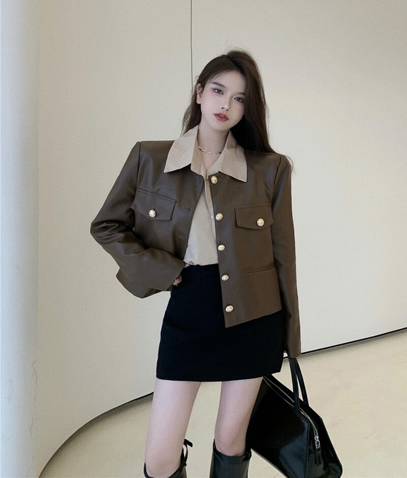 スタンダードルーズジャケット レザーシャツ スカート オータム レトロ 秋物 ガールズファッション94173025339