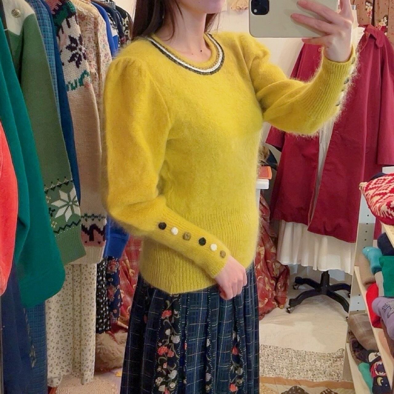 long rib button yellow mohair sweater