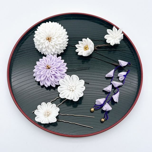 つまみ細工　かんざしセット　薄紫×白