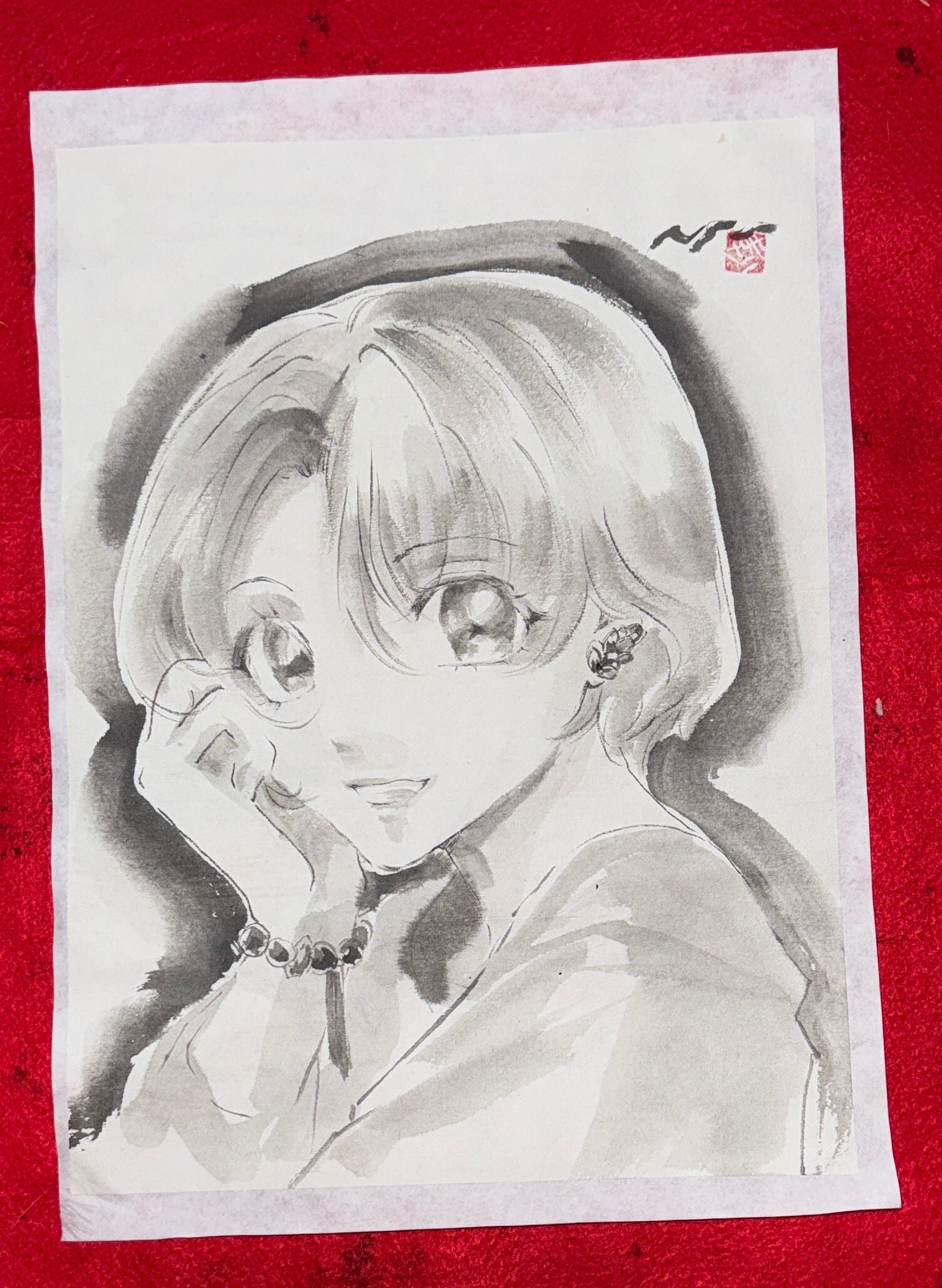 美人画 肉筆画 墨絵 水墨画 原画 現品限り #手 #花 | PAY ID