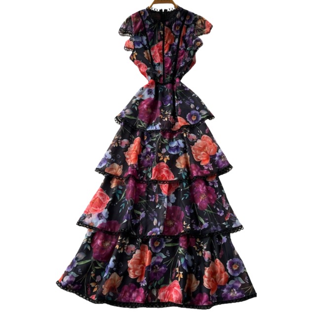 フラワーフリルデザインティアードワンピース 2color L2216