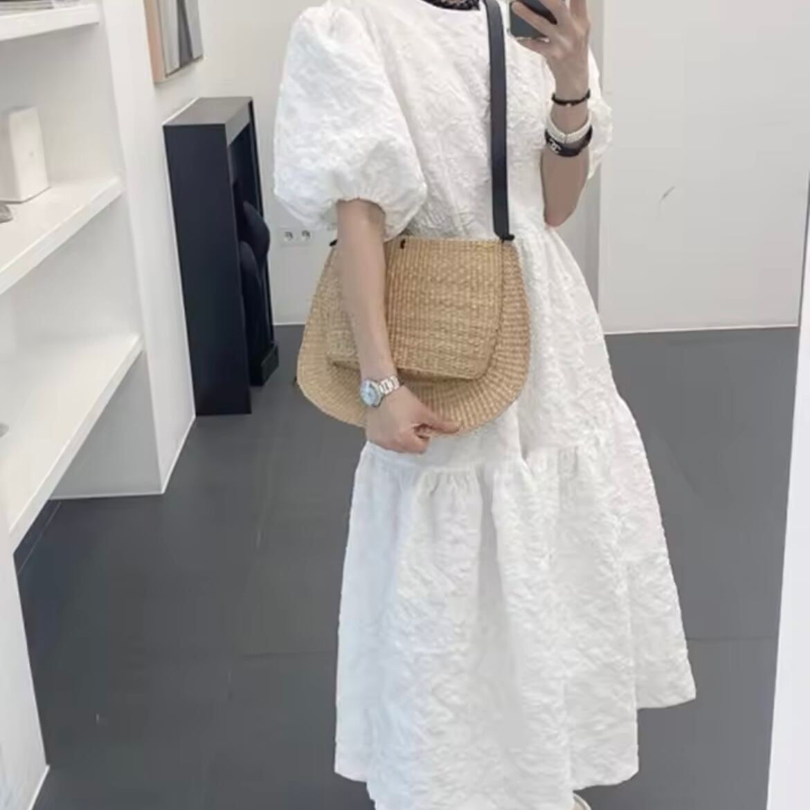 ジャガードパフスリーブワンピース