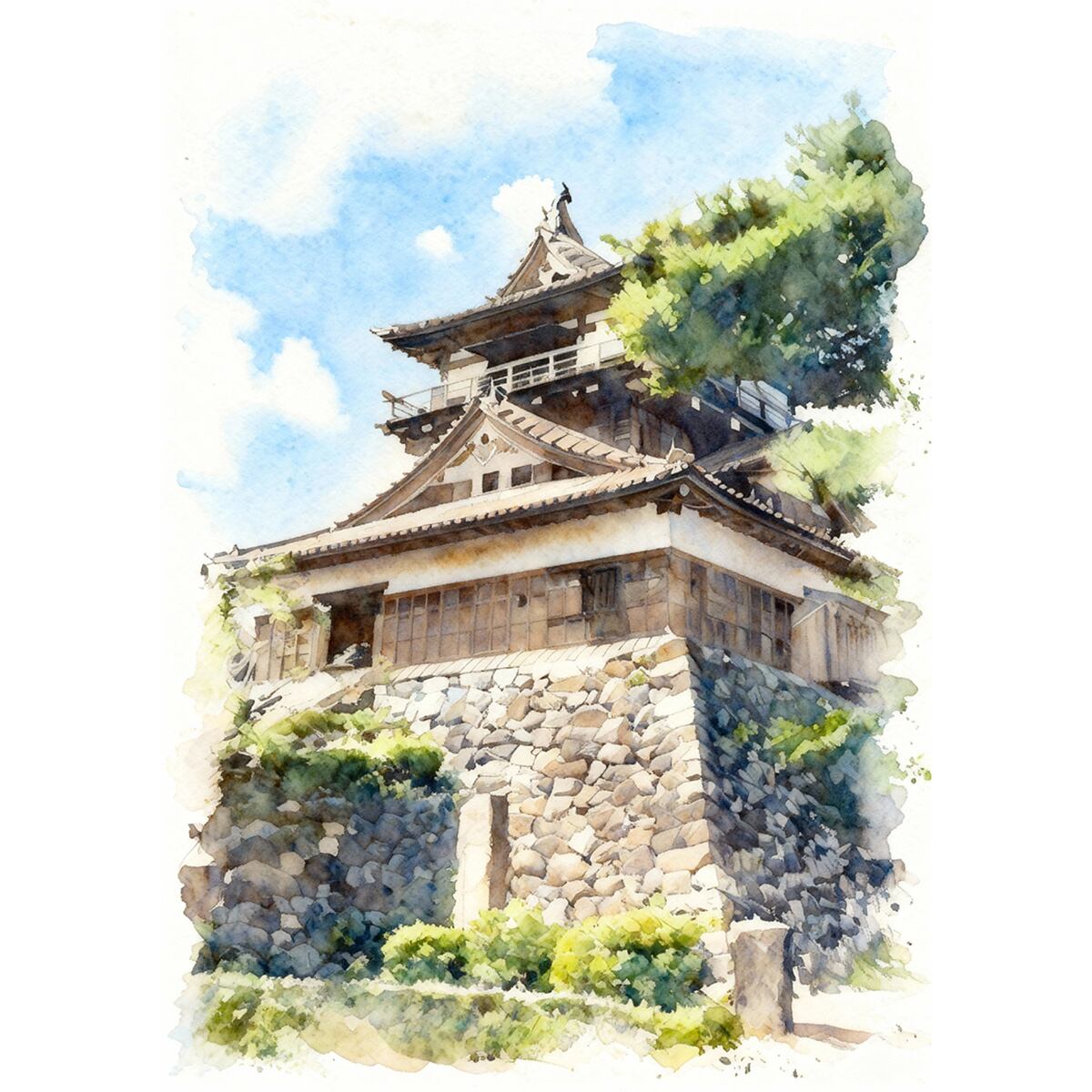 絵画 風景画 日本の 城 福井県 丸岡城 インテリアアート額付き 水彩画風 WAT1676