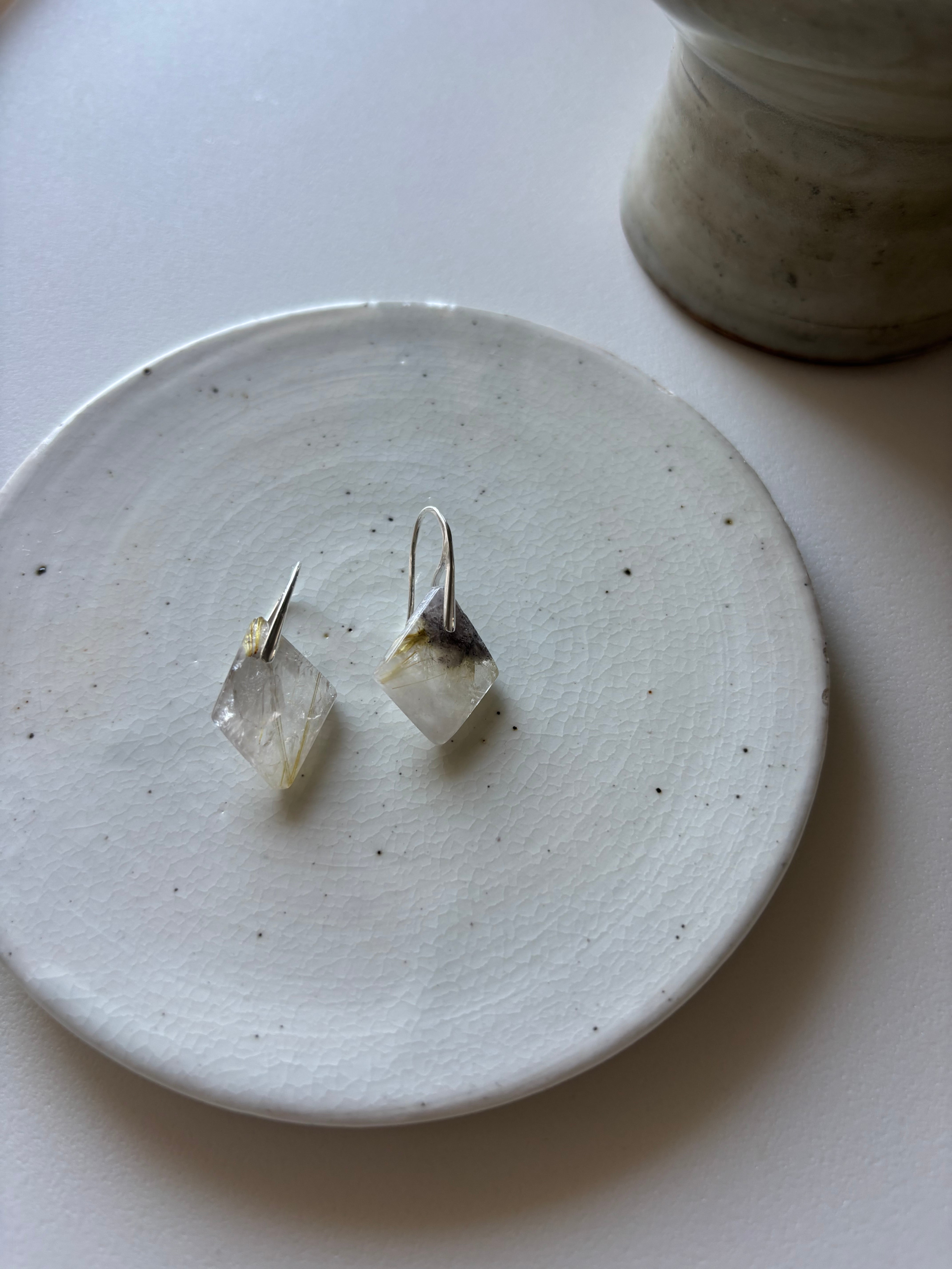 square-cut gold rutilated quartz pierce