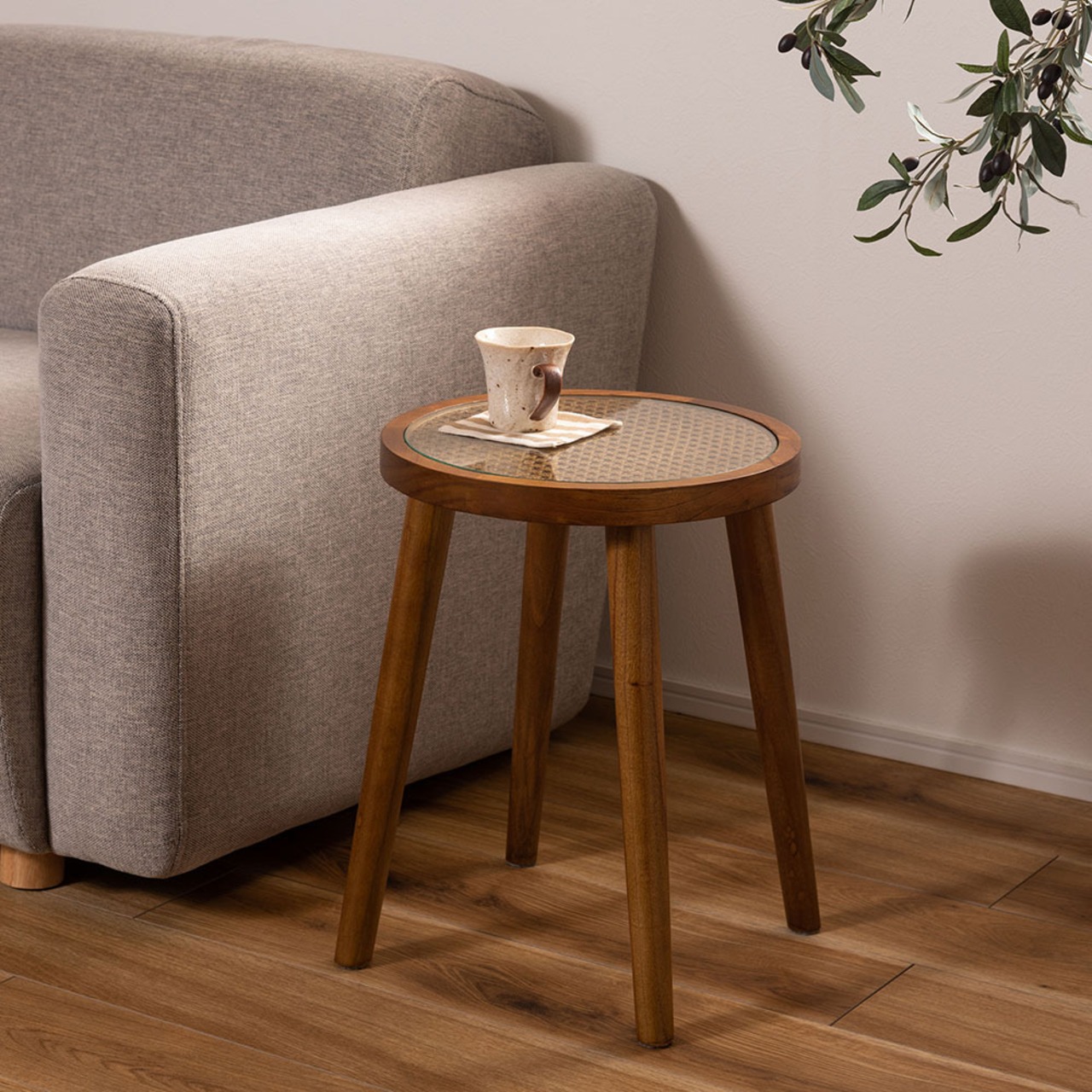 ラタン ラウンド ガラス テーブル S