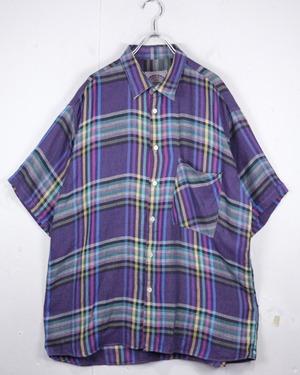【Caka act2】Euro Vintage Loose S/S Check Linen Shirt