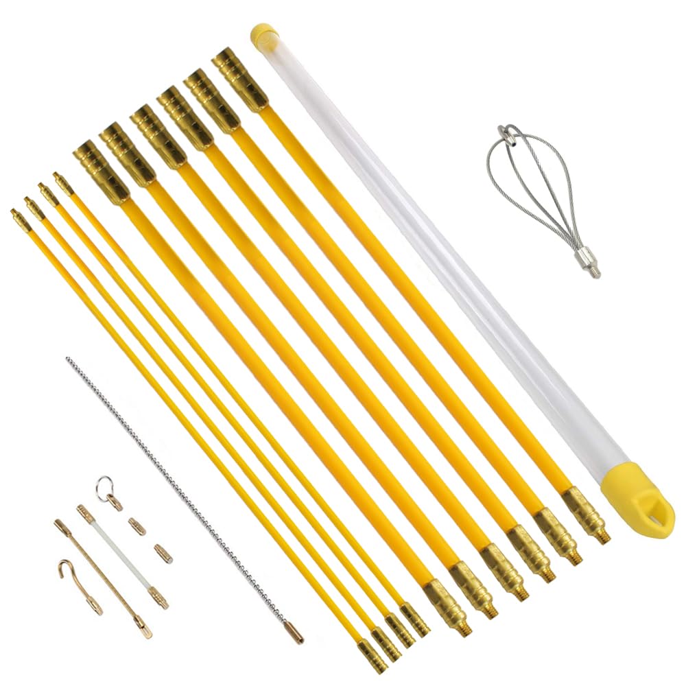 fanfeng 通線ロッド 通線ワイヤー 1m φ6mm*6本 φ4mm*4本 ケーブル索引具 先端金具9種類付き 収納ケース付き イエロー