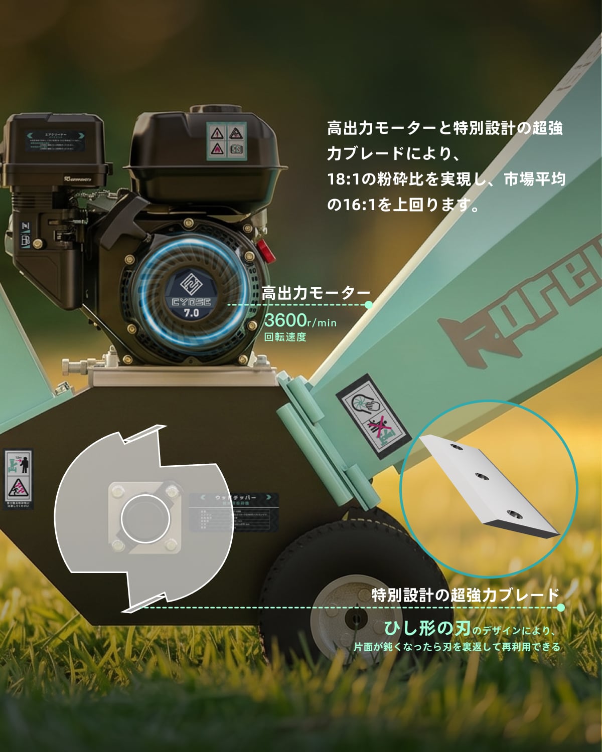 ウッドチッパー Kareyouエンジン粉砕機 木材最大110mm粉砕能力 COY150B