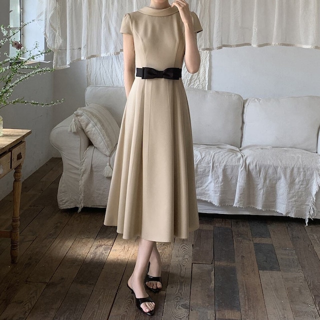 Ribbon belt flare dress　M3075