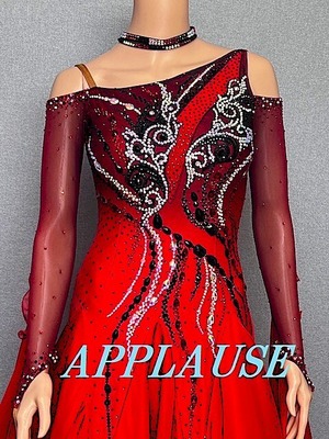 【新着】社交ダンス ドレス　スタンダード　モダンドレス　レッドグラデーション　M   ST-25-9  デモ・競技用ドレス　発表会衣装　パーティドレス　ワンピース　舞台衣