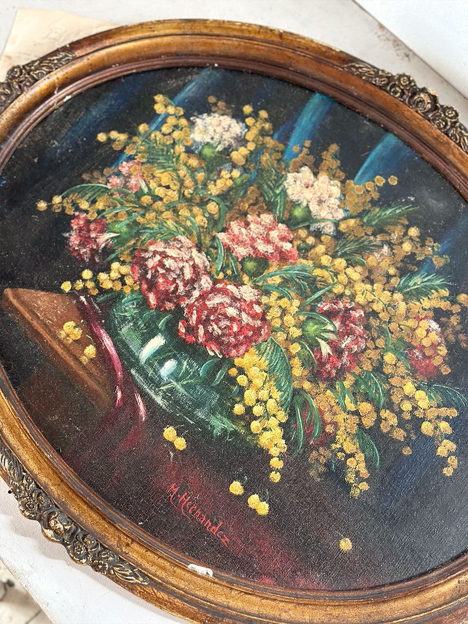 ブロカントフランス蚤の市小さな油絵、花柄5枚組 フランス