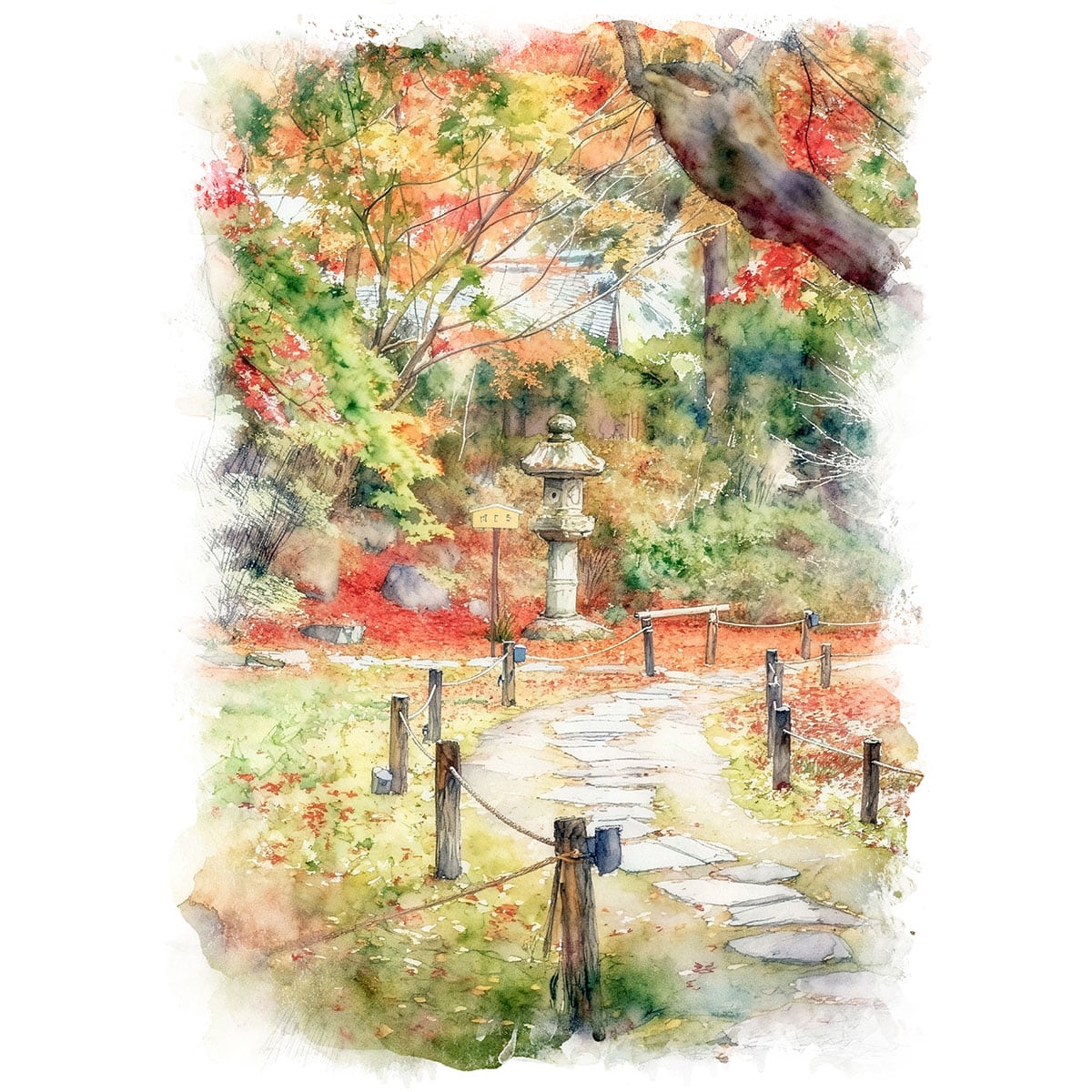 絵画 日本 京都 好文亭の紅葉の小道 インテリアアート額付き 水彩画