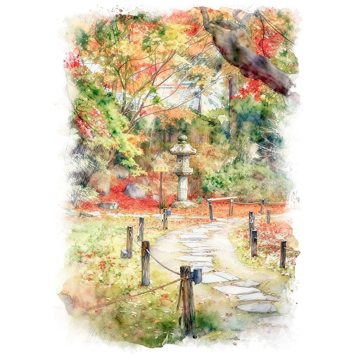 絵画 日本 京都 好文亭の紅葉の小道 インテリアアート額付き 水彩画・油絵風 WAT0090