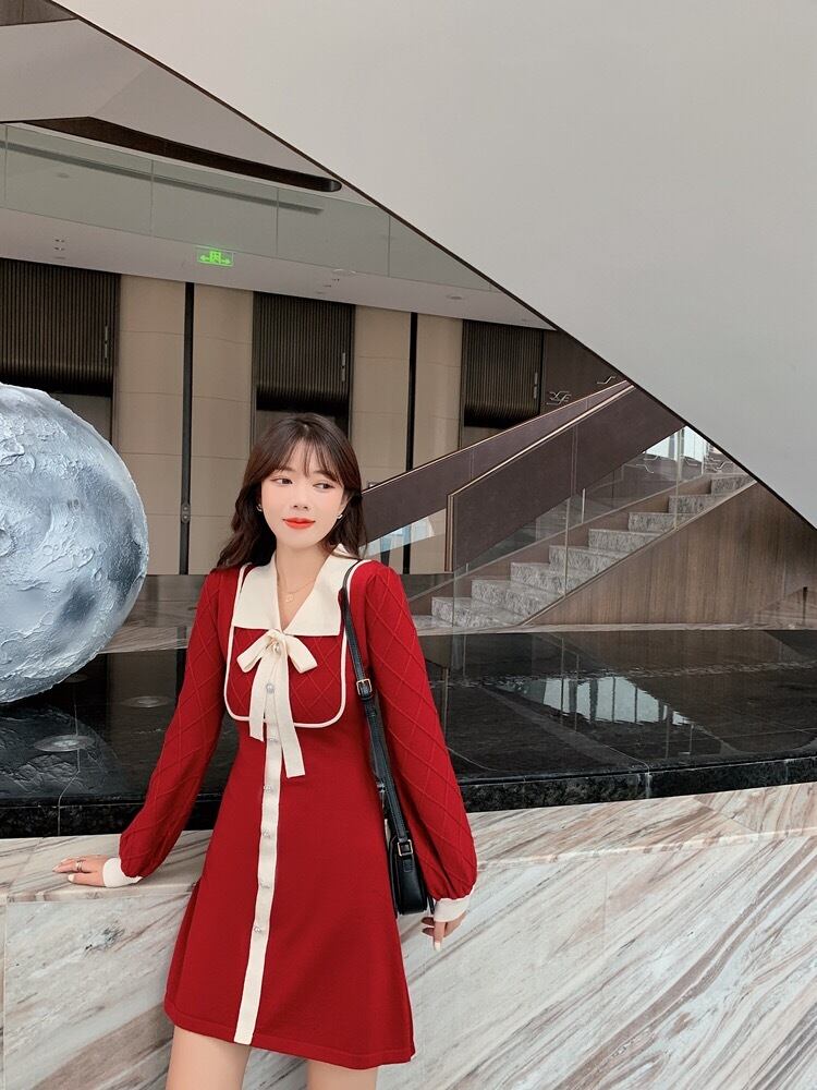 3カラー】ニット ワンピース リボン 赤 白 黒 | LOVEYsmileSHOP