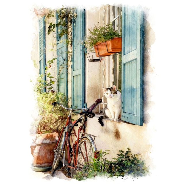 絵画 動物 街中の猫 インテリアアート額付き 水彩画風 WAT1788