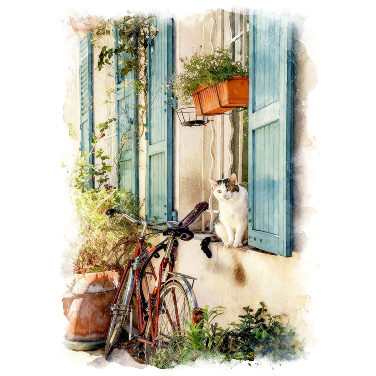 絵画 動物 街中の猫 インテリアアート額付き 水彩画風 WAT1788