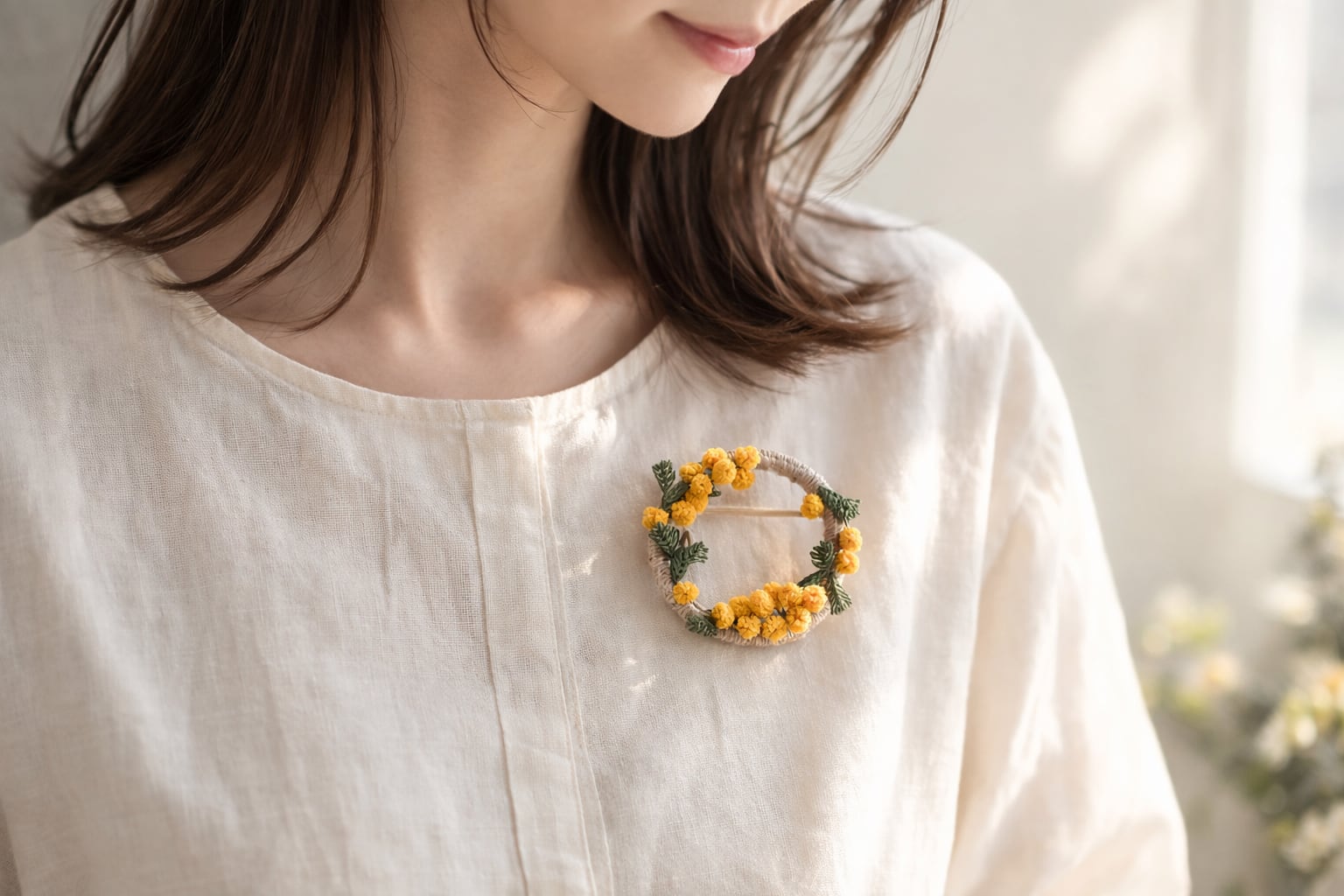 《限定》ミモザのリースブローチ