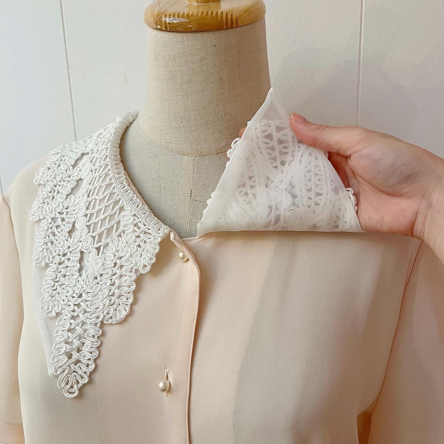 cream lace collar pearl button blouse