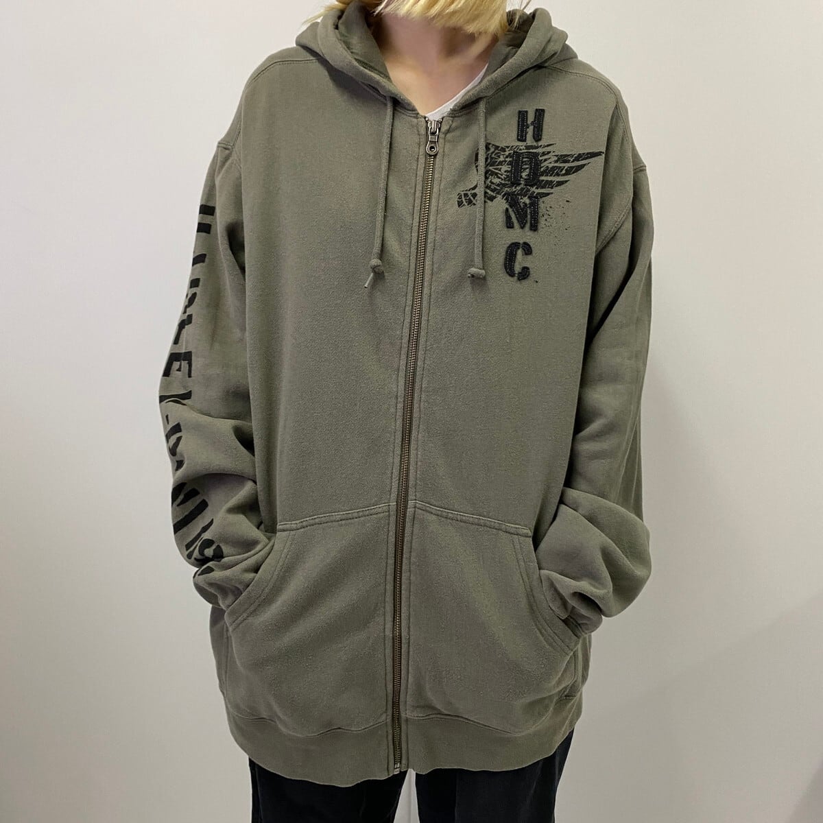 Harley Davidson ハーレーダビッドソン 袖プリ バックプリント スウェットパーカー メンズl Xl相当 古着 バイク モーターサイクル プルオーバーパーカー カーキ パーカー Cave 古着屋 公式 古着通販サイト