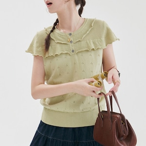 pointelle frill knit top