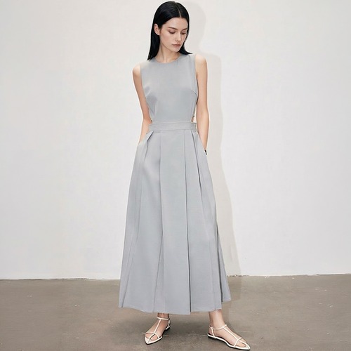 Pleats side slit long dress A00089