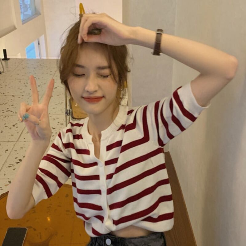 ストライプセーター 薄手コート スタイルサマーショートカーディガントップス 夏物 YY-ファッション2415869677