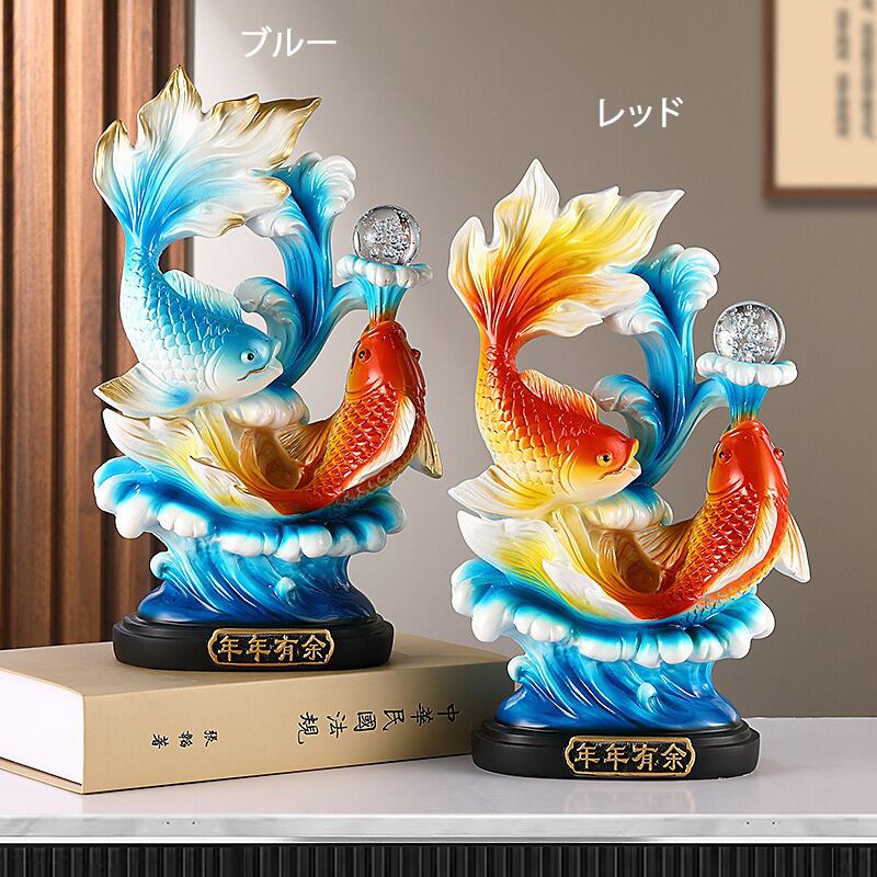 金魚　水晶　彫り　置物　⑤ 金魚 赤 レッド 青 ブルー 置物 彫刻 風水グッズ 財運 金運 安産祈願