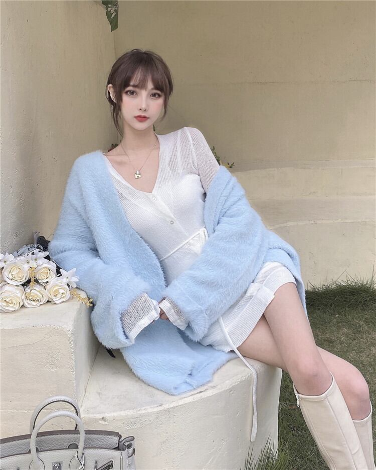 セーターレディースミドル丈ルーズフィットアウターニットセータートップ2020秋冬新作ブルーレイジースタイルカーディガンジャケット ブラックストロベリース89913428213