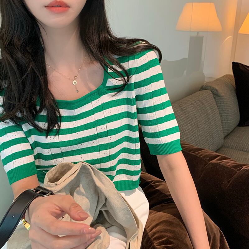 ストライプカラーラウンドネックショートTシャツ シャツ サマー薄手 夏物 Oネック ビッグFスモールZ韓国36569870250