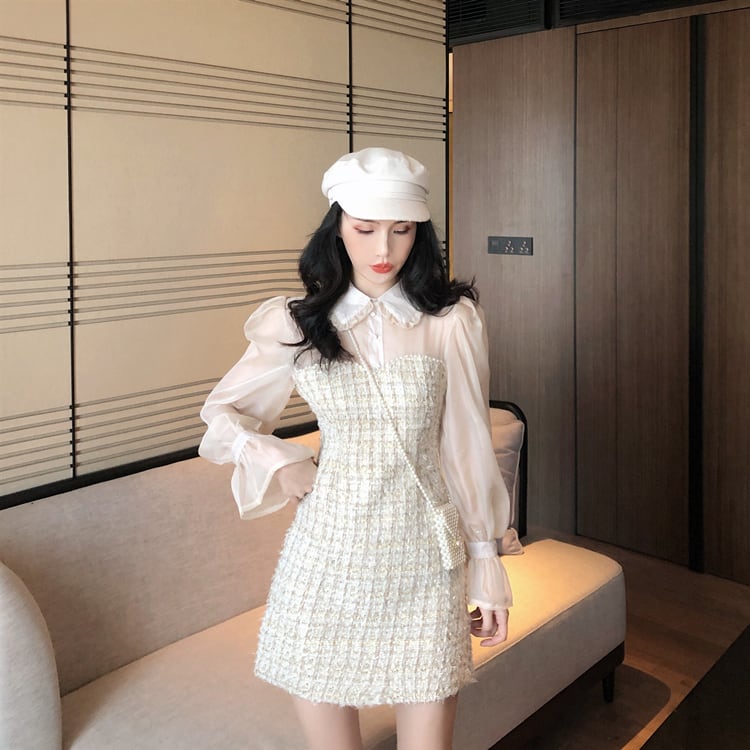 ツイード ワンピ チェック シフォン ワンピース 白 ホワイト 長袖  