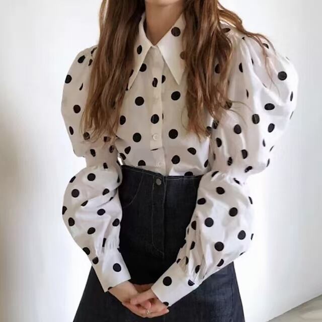 袖シャーリング ドット柄ブラウス　AJ1079-6028