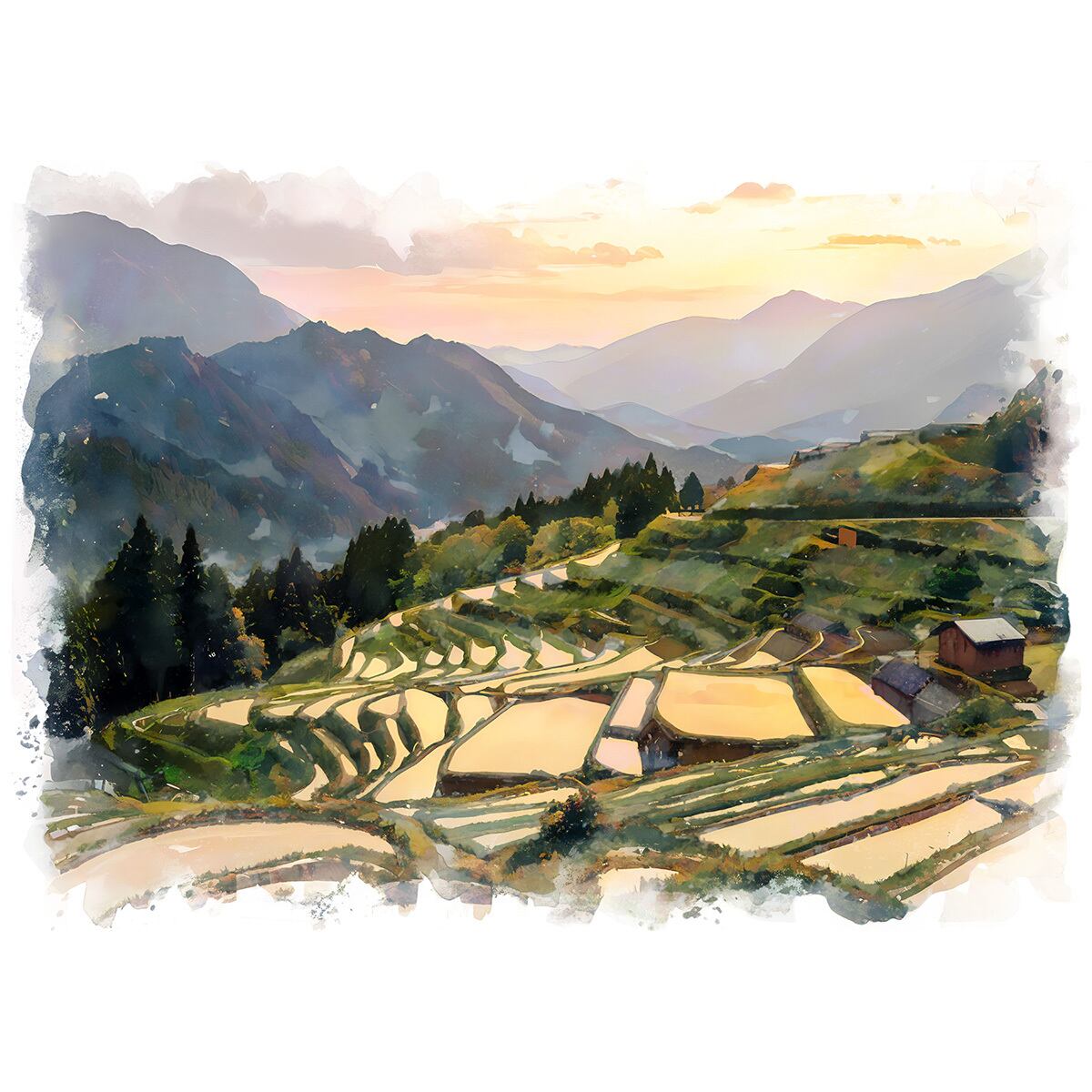 絵画 日本 夕暮れ時の三重県熊野の丸山千枚田の風景 インテリアアート