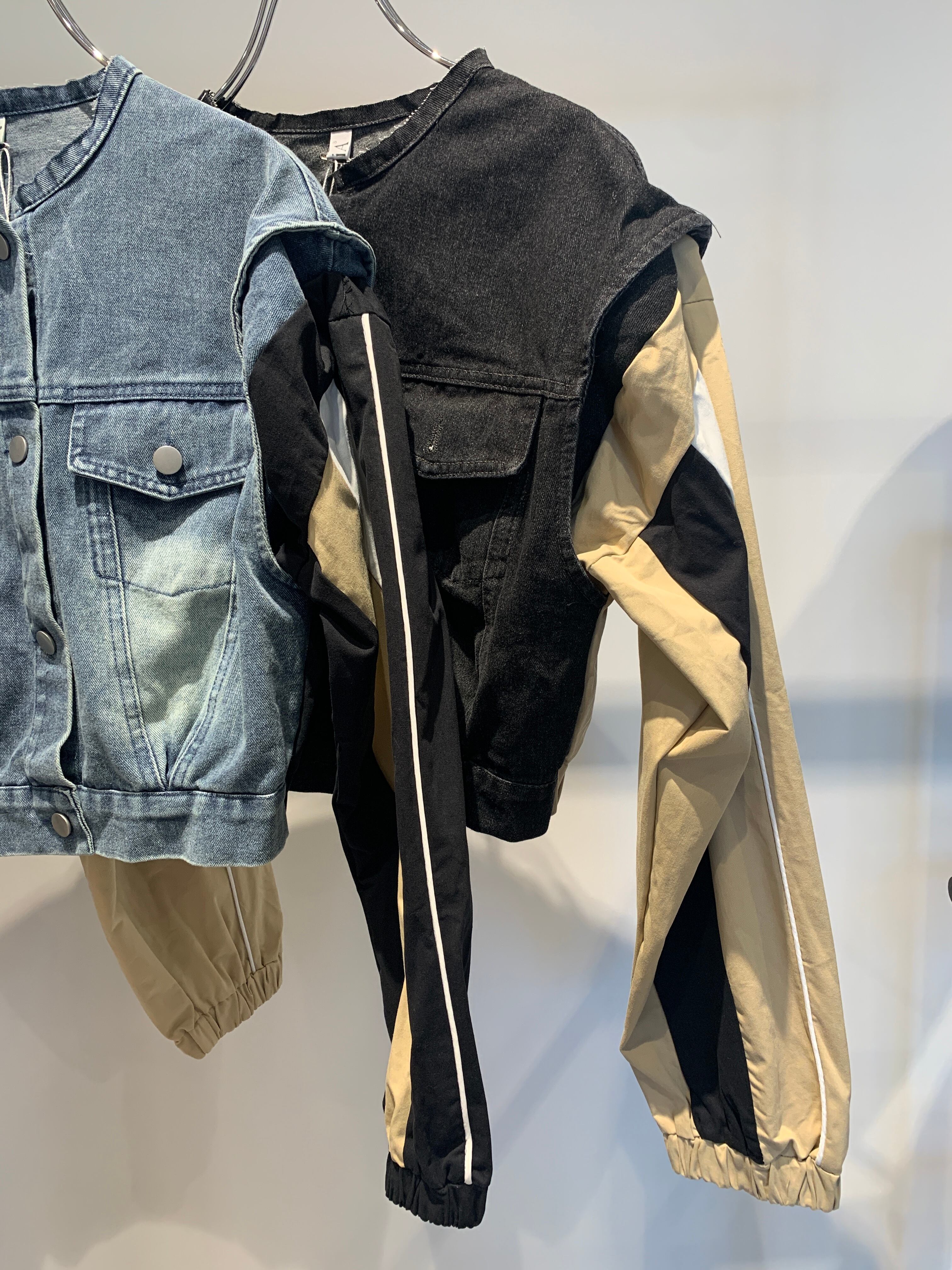 line sleeve denim docking croped jacket