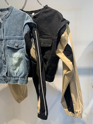 line sleeve denim docking croped jacket