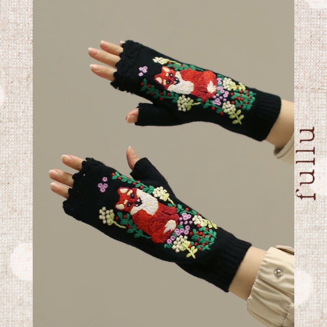 きつねと花の刺繍の手袋 2color fu0858 | fullu