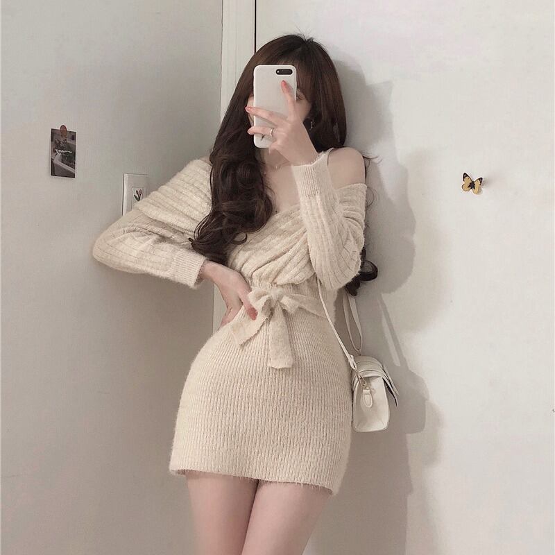 ニットドレス ウェストスリムショートスカート スプリング ロング 春物 ブラックストロベリース98970881243