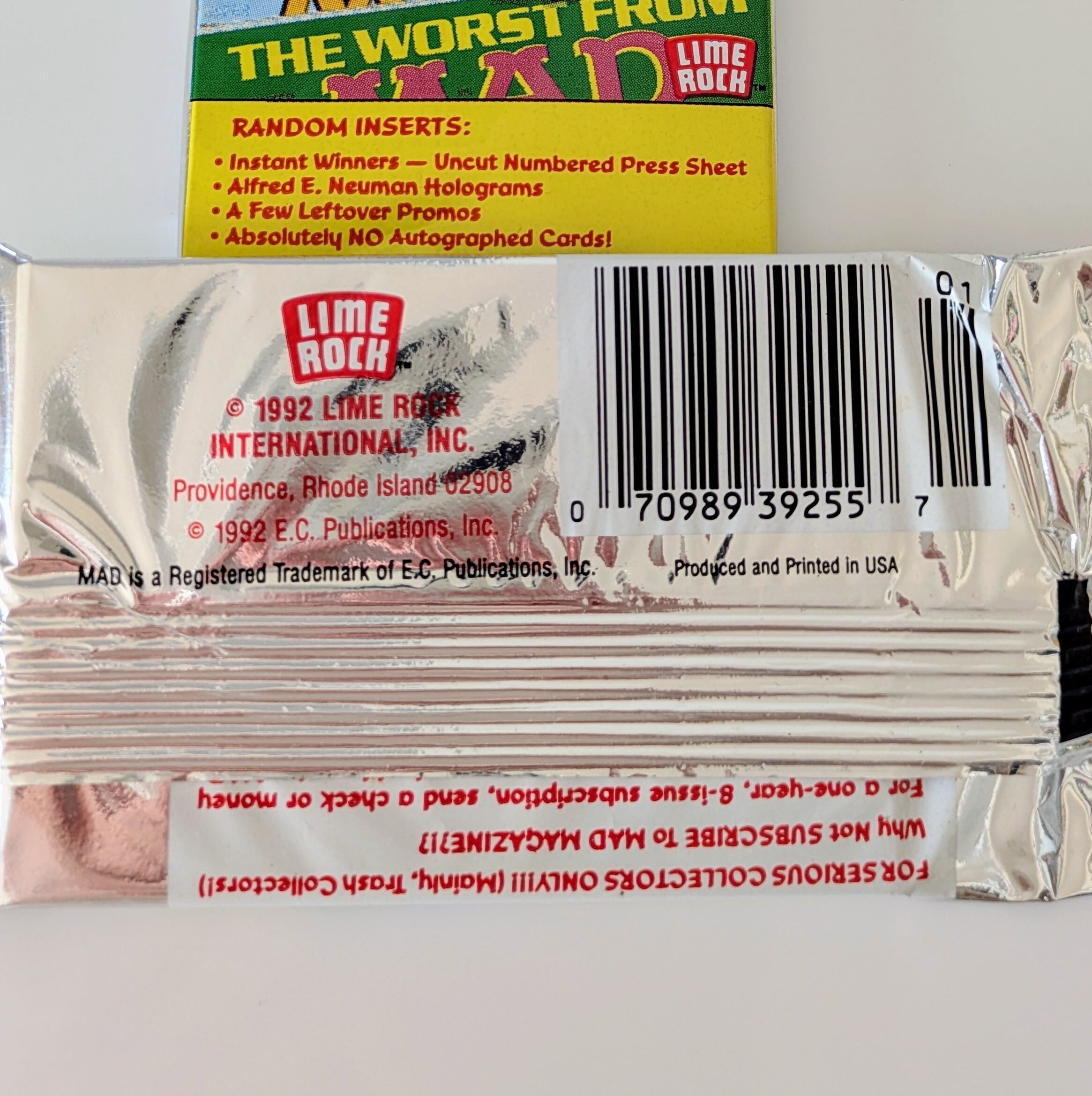 送料無料!☆ 1992年製 LIME ROCK【 THE WORST FROM MAD MAGAZINE SEALED TRADING CARD Series 1 】マッドマガジン シリーズ1 トレーディングカード 単品 (1個= 10〜12CARDSランダム入)〚アメリカン雑貨 アメトイ〛