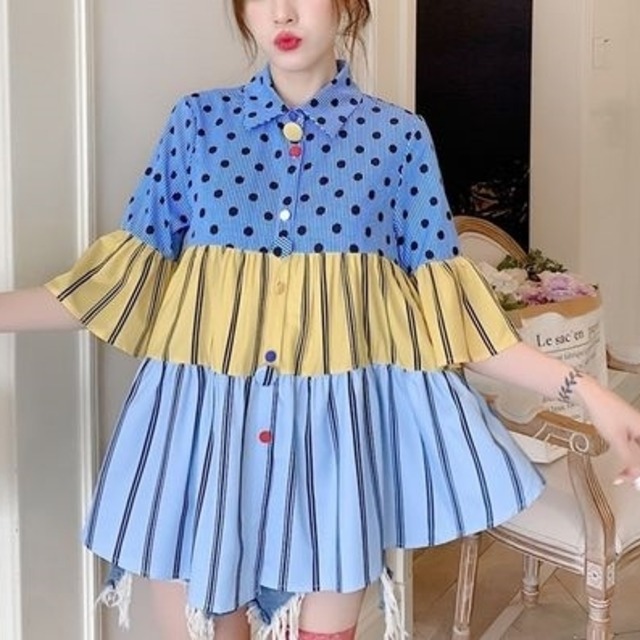 トップス シャツ レディース  送料無料 袖あり 七分袖 襟付き ドット ストライプ 切り替え ドキング パッチワーク 大人可愛い 大人 古着系 おしゃれ お洒落 エレガント 大きめ ビッグシルエット  白 ホワイト 緑 グリーン 水色 ブルー 黒 ブラック 無地 パステルカラー 春カラー 春 20代 30代 40代 50代 女性用 ママ オフィス ビジネス OL 通勤 着回し 普段使い ファッション コーデ スタイル モテ プレゼント ギフト 定番 プチプラ 安い 送料無料 流行 トレンド