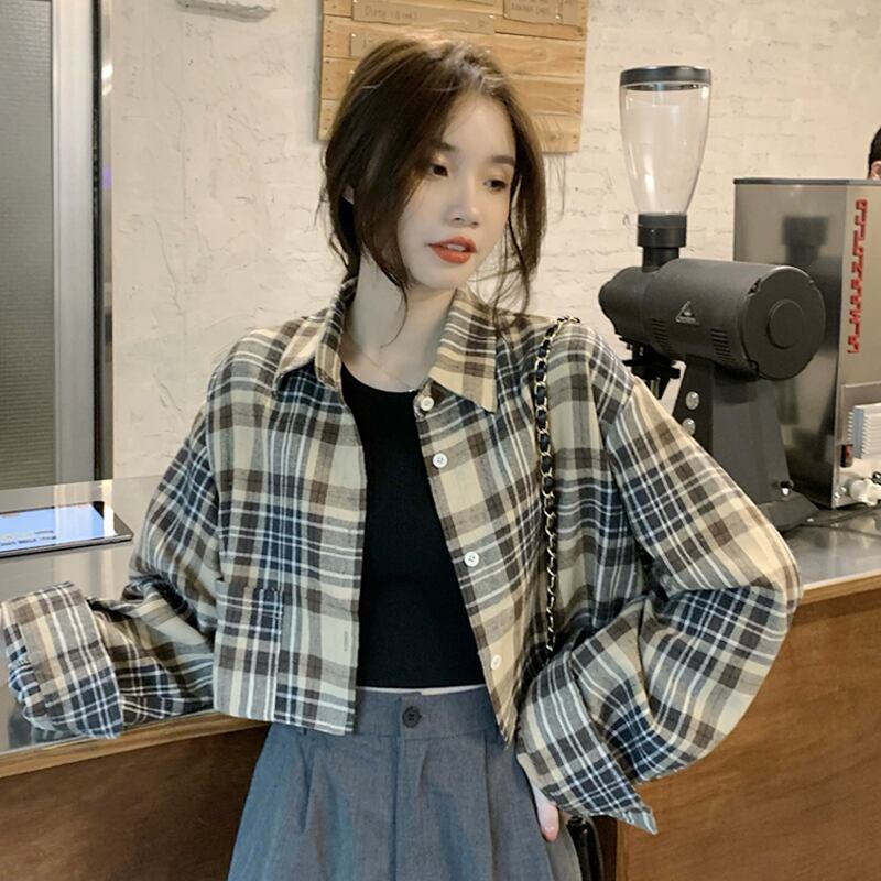 スプリングオータム格子柄シャツ ジャケット スタンダードショートトップス ロング レトロ 春物 秋物 スーパーモール6189052427