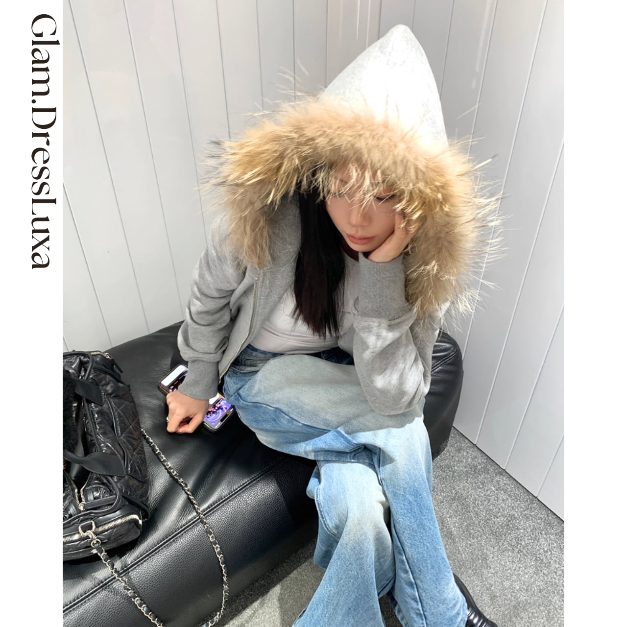 Fur Hood Cotton Zip Hoodie_K47