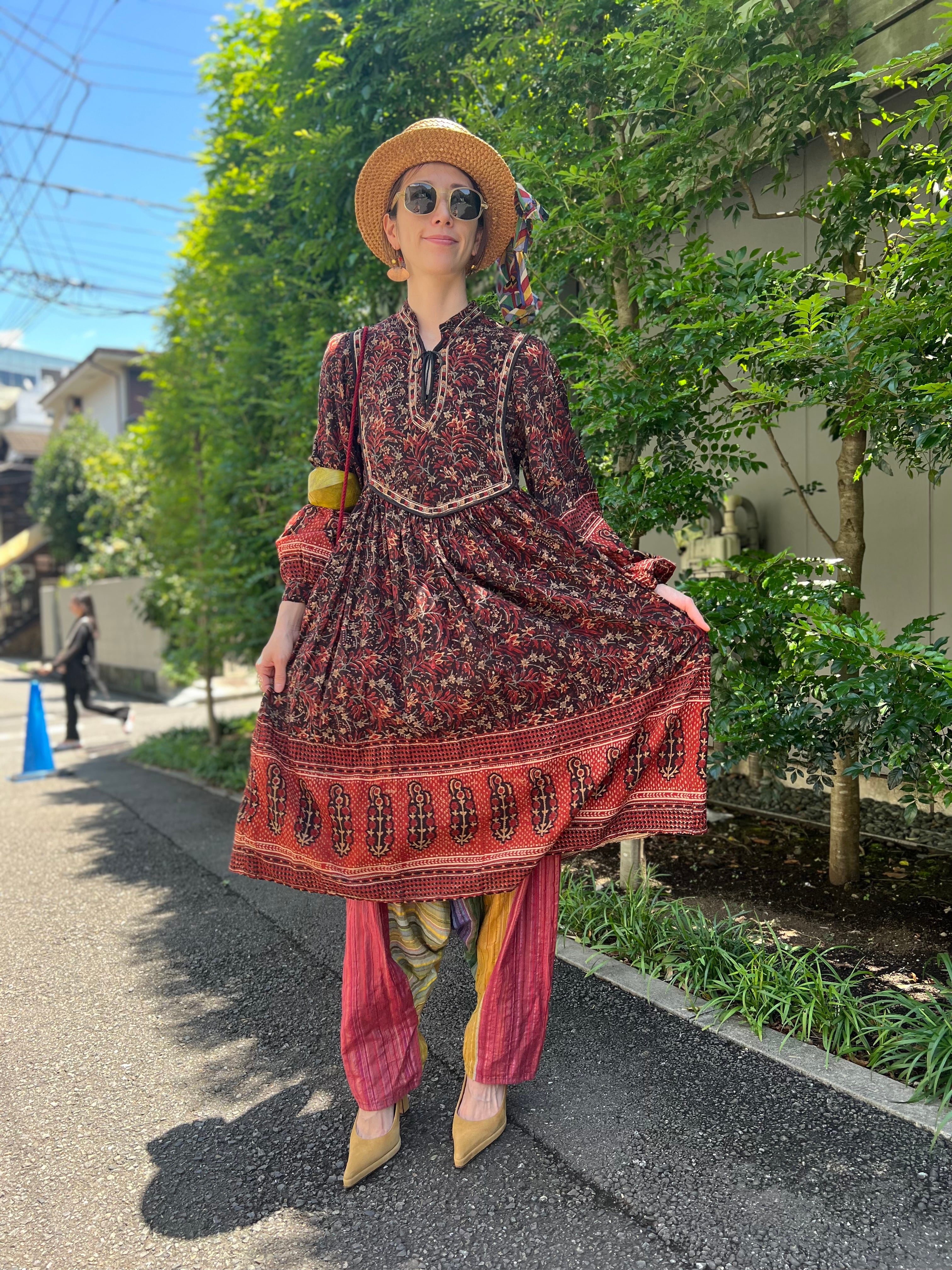 70s indian cotton brown dress ( ヴィンテージ インドコットン