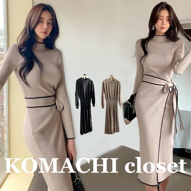 【送料無料】 ワンピース ニットワンピース リブニット ハイネック ベージュ ブラック 黒 韓国 レディース オルチャン ミモレ丈 ミディアム丈 長袖 ウエストマーク リボン バイカラー タートルネック ゆったり 切り替えデザイン フリーサイズ 上品 おしゃれ かっこいい 10代 20代 30代 40代 存在感 こなれ感 キュート パーティー エレガント 抜け感 フェミニン ベーシック 高見え 秋 冬 休日 イベント デート 食事会 着回し 普段使い モテ トレンド 流行 インスタ映え 暖かい