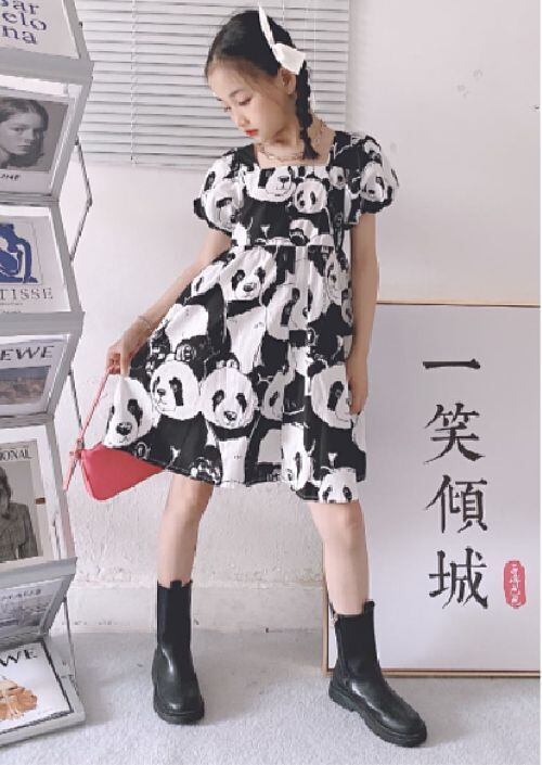 110 170cm ワンピース バルーンスリーブ フレア パンダ セットアイテム 帽子 A Dear Child